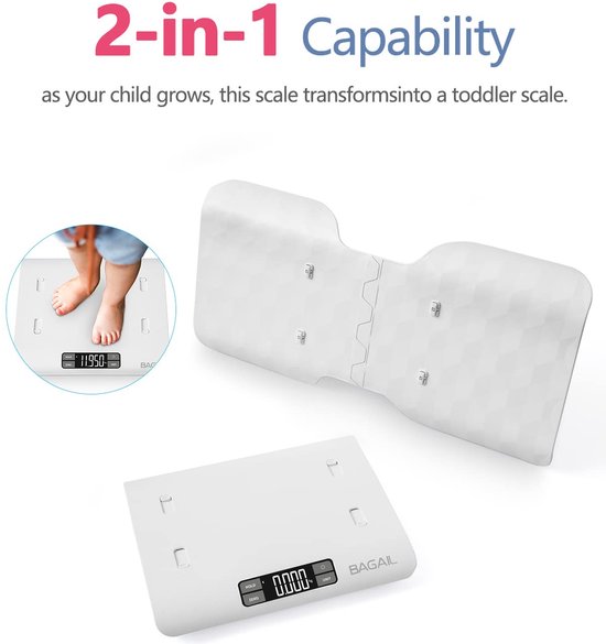 Babyweegschaal met veilig en comfortabel weegoppervlak - twee-in-één functie - tot 30 kg - digitale kinderweegschaal