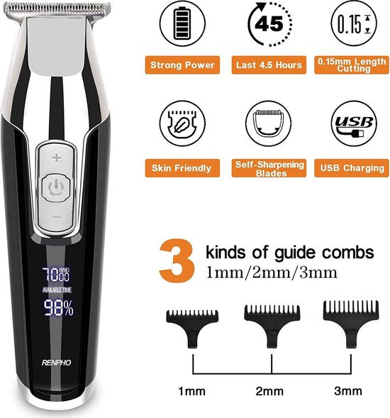 RENPHO Tondeuse voor Mannen een draadloze tondeuse, baardtrimmer een professionele Kappersset, USB oplaadbare tondeuse voor het hele gezin. De tondeuse is uitgerust met LED Display, T-Blade detail trimmer voor precisie trimmen 0.2MM