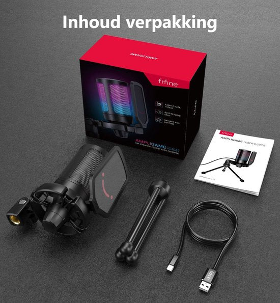 FIFINE - A6V - USB RGB Streaming Microfoon met Standaard - Gaming - Podcast - Geschikt voor - PS5 / PS4 / PC / Windows - Touch Mute Knop - Filter