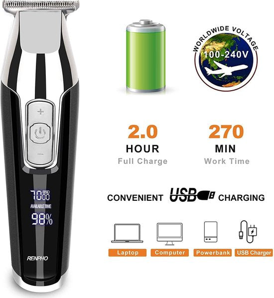 RENPHO Tondeuse voor Mannen een draadloze tondeuse, baardtrimmer een professionele Kappersset, USB oplaadbare tondeuse voor het hele gezin. De tondeuse is uitgerust met LED Display, T-Blade detail trimmer voor precisie trimmen 0.2MM