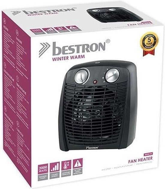 Bestron Ventilatorkachel met 2 warmtestanden, incl. omvalbeveiliging & oververhittingsbeveiliging, voor ruimtes tot 20m², 2000 watt, kleur: zwart