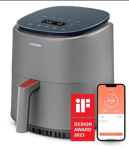 COSORI Intelligente olievrije friteuse 3,8 l, 75-230 °C, 1500 W, luchtfriteuse met app-recepten, 7 programma's, gezond voor 1-3 personen, vaatwasmachinebestendig, grijs