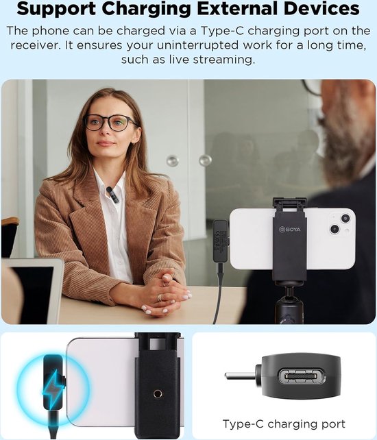 BOYA BY-V20 USB-C-draadloze microfoon met ruisonderdrukking, compatibel met Android/Type-C smartphones voor YouTube, Podcast, Facebook, vlogging, video-opname