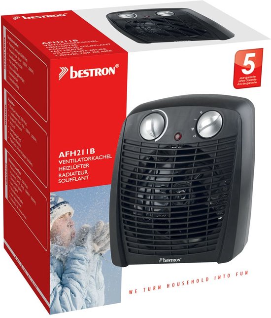 Bestron Ventilatorkachel met 2 warmtestanden, incl. omvalbeveiliging & oververhittingsbeveiliging, voor ruimtes tot 20m², 2000 watt, kleur: zwart