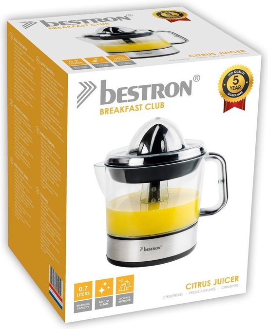 Bestron Citruspers Elektrisch - ACJ350Z - 40W - Incl. 2 perskegels, aromadeksel, sap reservoir - 0,7 Liter - Zilver
