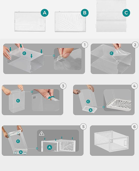 SONGMICS Schoenendozen, 12-delige set, Schoenenopbergbox, Schoenenorganizer, Opvouwbaar en stapelbaar, voor schoenen tot maat 44, Sportschoenen, Hoge hakken, Platte schoenen, Transparant-zwart LSP106W12