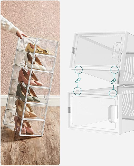 SONGMICS Schoenendozen, 12-delige set, Schoenenopbergbox, Schoenenorganizer, Opvouwbaar en stapelbaar, voor schoenen tot maat 44, Sportschoenen, Hoge hakken, Platte schoenen, Transparant-zwart LSP106W12