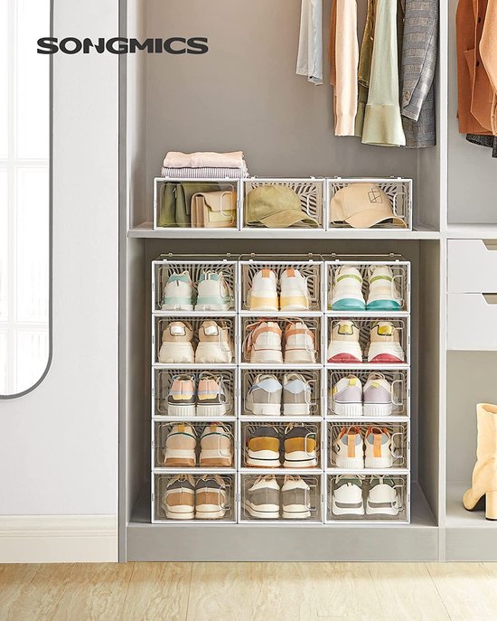 SONGMICS Schoenendozen, 12-delige set, Schoenenopbergbox, Schoenenorganizer, Opvouwbaar en stapelbaar, voor schoenen tot maat 44, Sportschoenen, Hoge hakken, Platte schoenen, Transparant-zwart LSP106W12