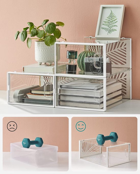 SONGMICS Schoenendozen, 12-delige set, Schoenenopbergbox, Schoenenorganizer, Opvouwbaar en stapelbaar, voor schoenen tot maat 44, Sportschoenen, Hoge hakken, Platte schoenen, Transparant-zwart LSP106W12