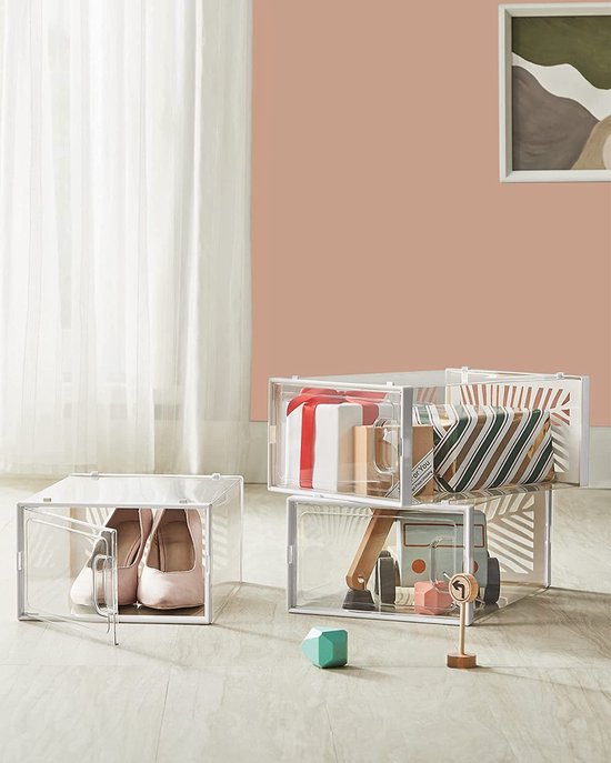 SONGMICS Schoenendozen, 12-delige set, Schoenenopbergbox, Schoenenorganizer, Opvouwbaar en stapelbaar, voor schoenen tot maat 44, Sportschoenen, Hoge hakken, Platte schoenen, Transparant-zwart LSP106W12