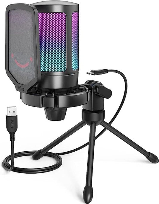 FIFINE USB gaming microfoon, RGB condensatormicrofoons PC PS4 PS5, USB C microfoon met mute-knop, statief, popfilter, shockmount voor streaming podcast - A6V