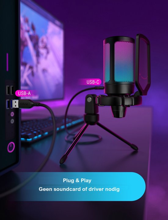 FIFINE - A6V - USB RGB Streaming Microfoon met Standaard - Gaming - Podcast - Geschikt voor - PS5 / PS4 / PC / Windows - Touch Mute Knop - Filter