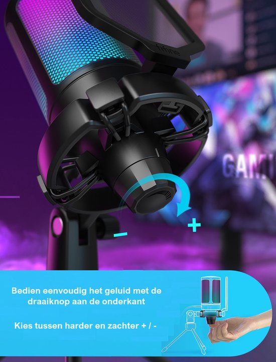 FIFINE - A6V - USB RGB Streaming Microfoon met Standaard - Gaming - Podcast - Geschikt voor - PS5 / PS4 / PC / Windows - Touch Mute Knop - Filter