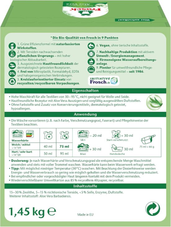 Frosch Sensitive Waspoeder - Aloë Vera, - 1,45 kg - 22 Wasbeurten - Hypoallergeen - Langdurige kleurbescherming - Gevoelige huid