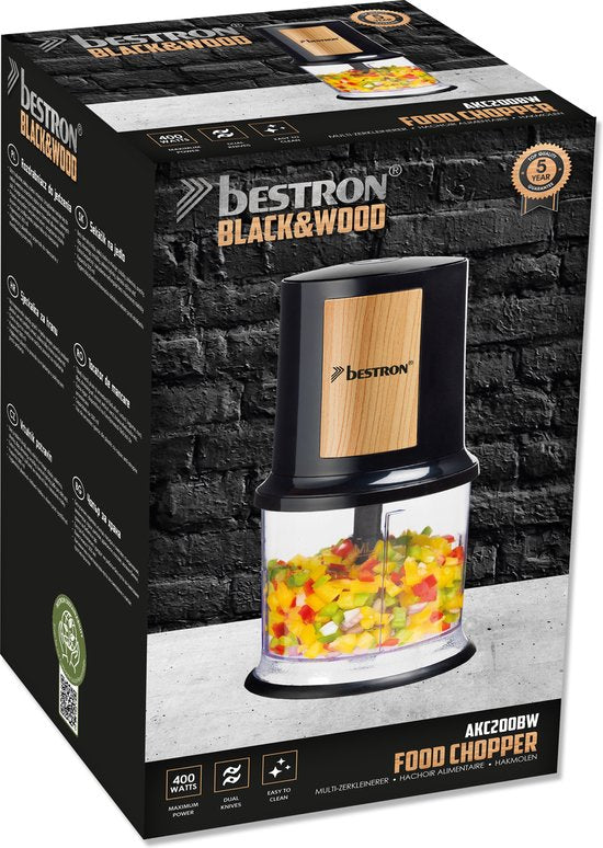 Bestron electrische Hakmolen, twee rvs Hakmessen & 500 ml cacpaciteit, grote Pulsschakelaar, 400 Watt, Black Wood Collection, Kleur: Zwart/Hout