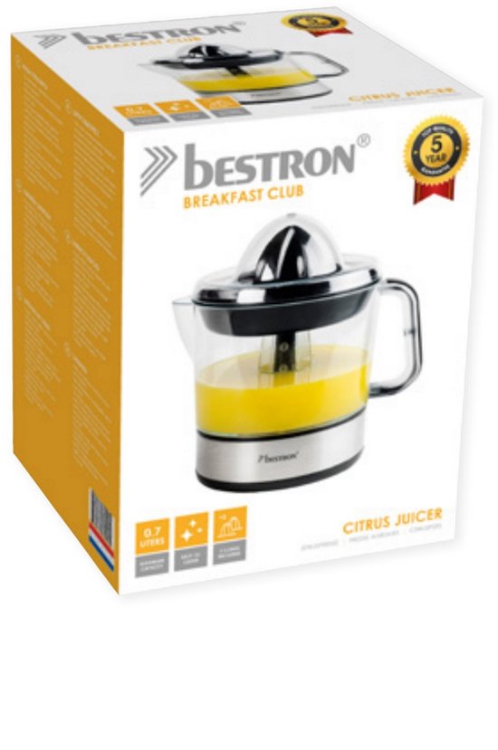Bestron Citruspers Elektrisch - ACJ350Z - 40W - Incl. 2 perskegels, aromadeksel, sap reservoir - 0,7 Liter - Zilver