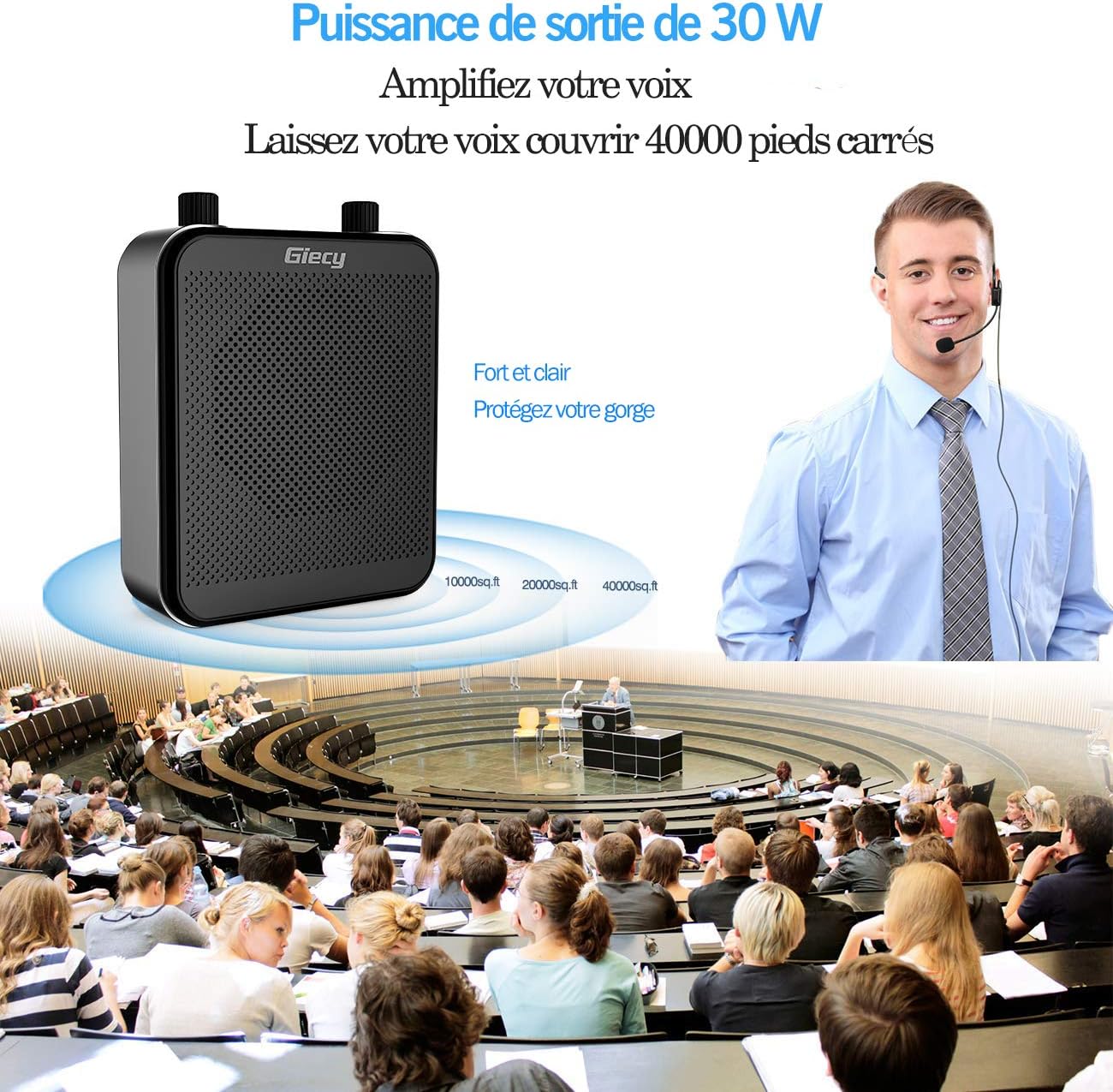 Giecy Portable Voice Amplifier with Microphone Headset 30W Rechargeable Battery 2800mAh Powerful PA System for Teachers, Guides, Coaches, Presenters