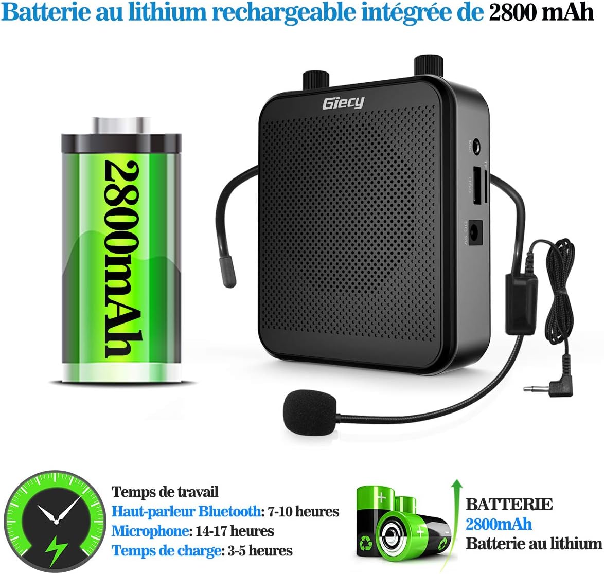 Giecy Portable Voice Amplifier with Microphone Headset 30W Rechargeable Battery 2800mAh Powerful PA System for Teachers, Guides, Coaches, Presenters